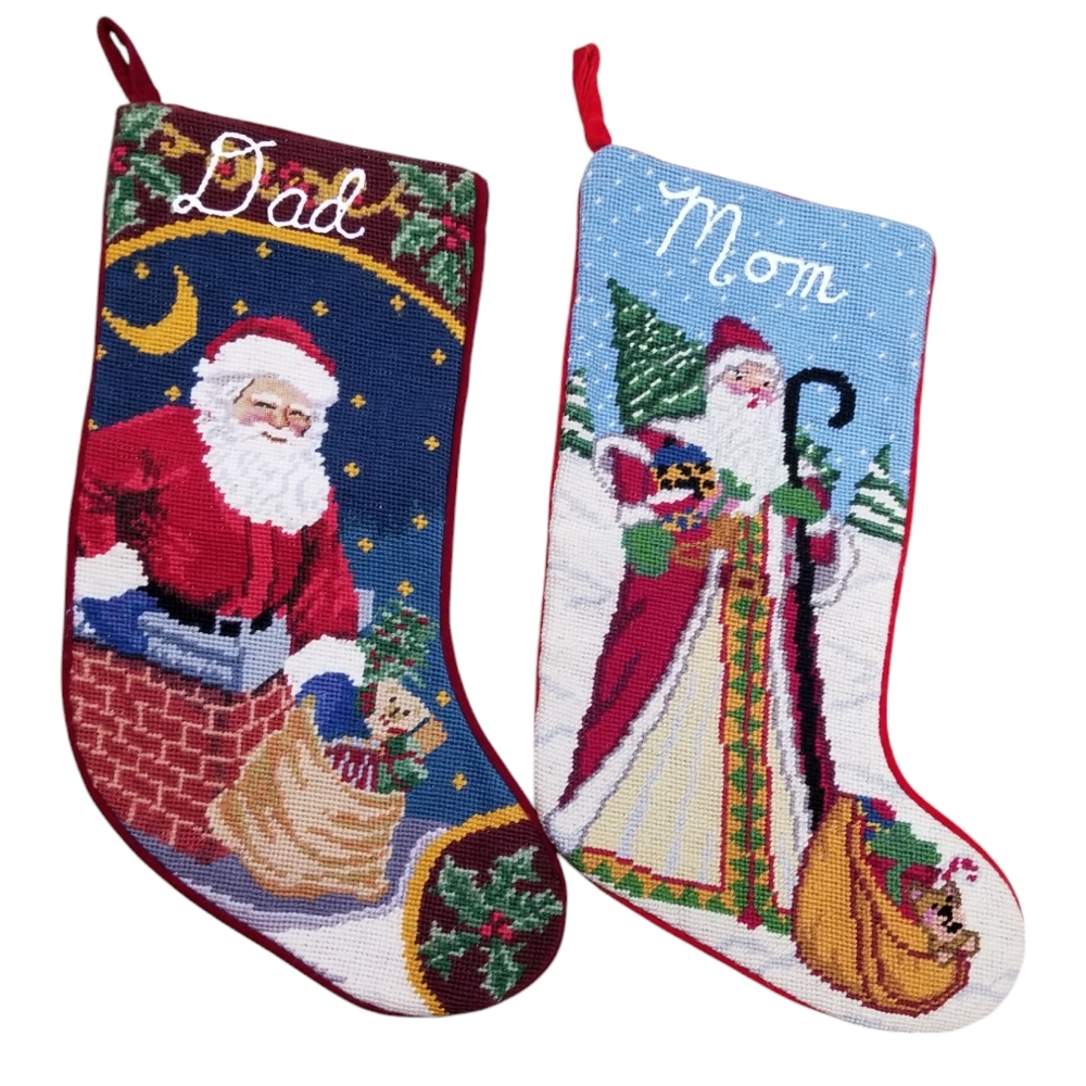 2 Wool Needlepoint Christmas Stockings Personalized Mom Dad Velvet Santa 17"